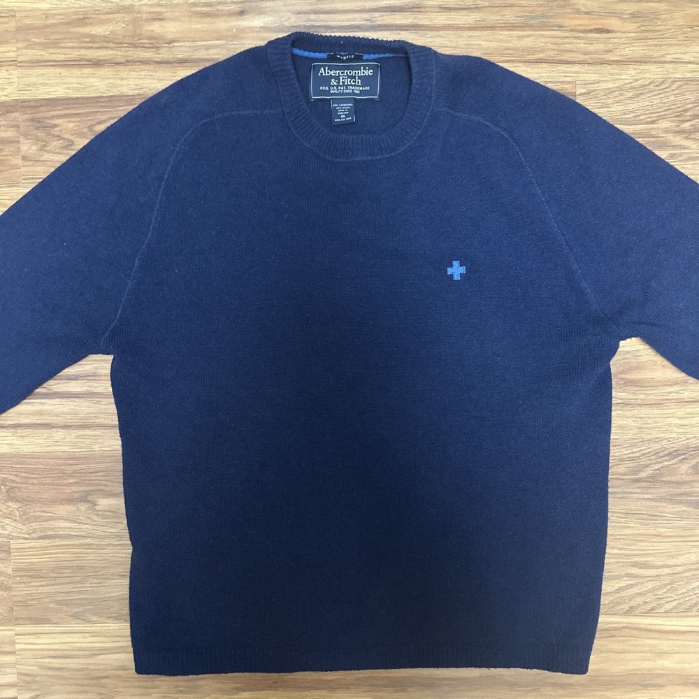 Vintage Abercrombie & Fitch Lambswool Sweater Mens 2XL Navy Blue Crewneck Logo - Picture 3 of 12